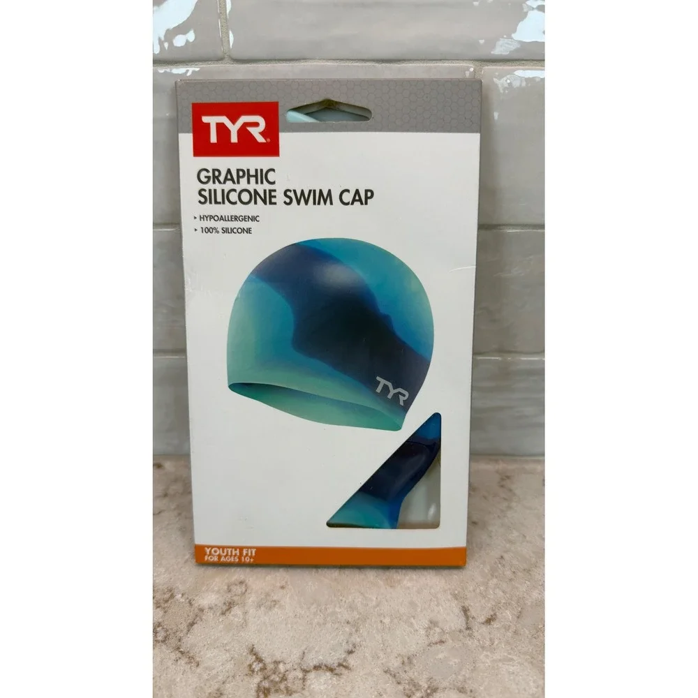 TYR Graphic Silicone Swim Cap Youth Fit Ages 10+ Blue Teal Tie Dye LCSJRTD 977